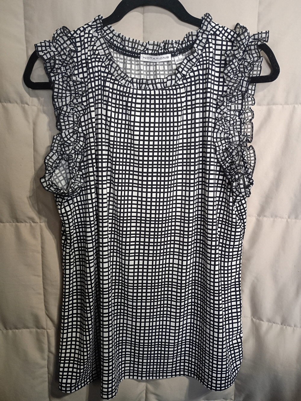 Notations Black and White Grid Ruffle-Sleeve Top